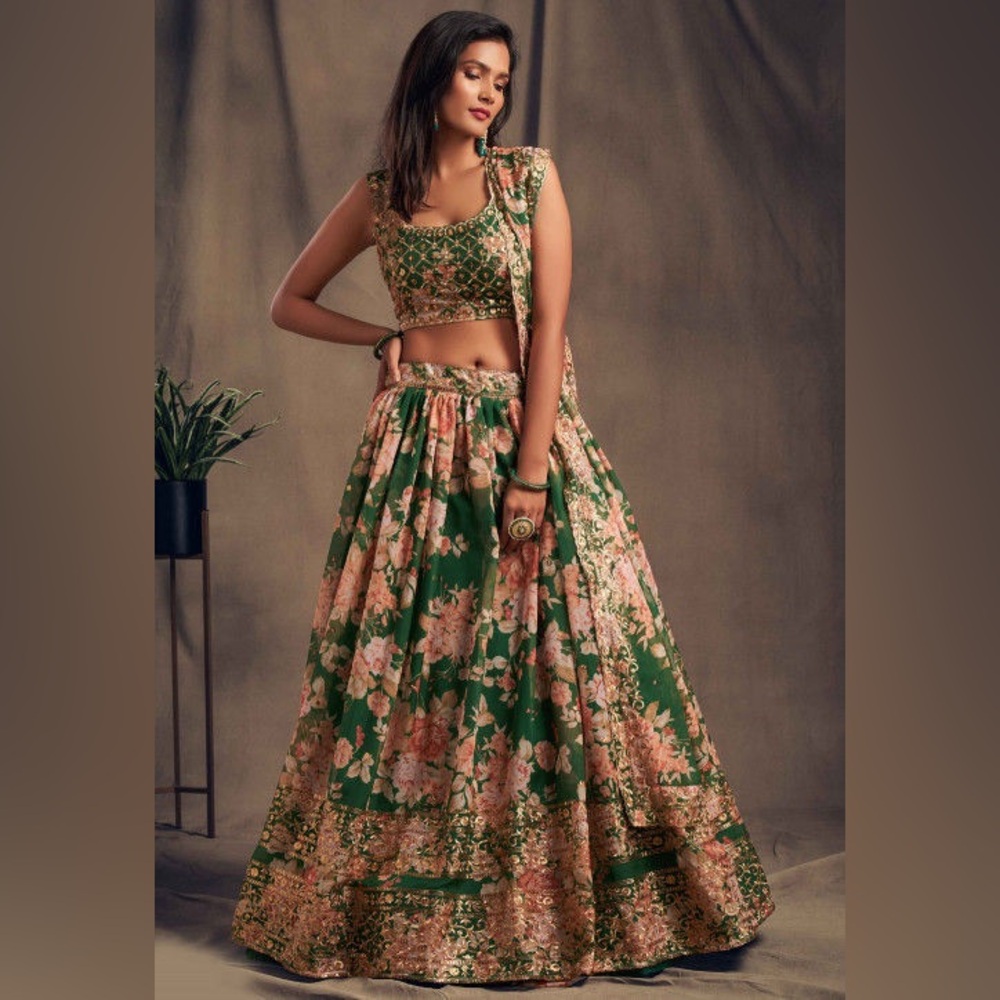 Digital Printed Organza Lehenga in Green
